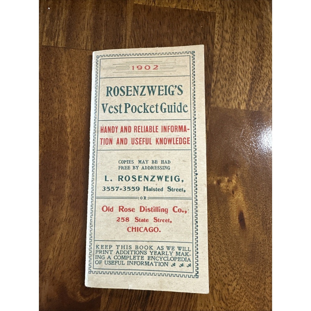 Rosenzweig's Vest Pocket‎ Guide Old Rd Distilling Co Chicago 1902 Liquor Adds